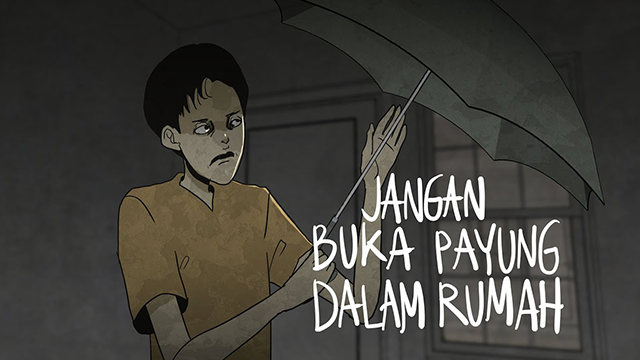 Membuka payung di dalam rumah